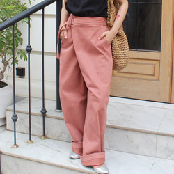 天日干しリネン 少しゆったり もんぺ ローズワイン ロングパンツ