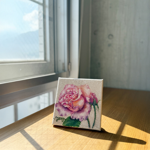 バラの原画｜明るいアクリル絵 15×15cm｜インテリアアート MYS-084