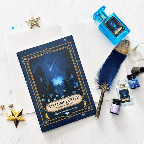 星空香水瓶 青い花とダイヤと蝶々 ラベルデザイン ノート A5サイズ