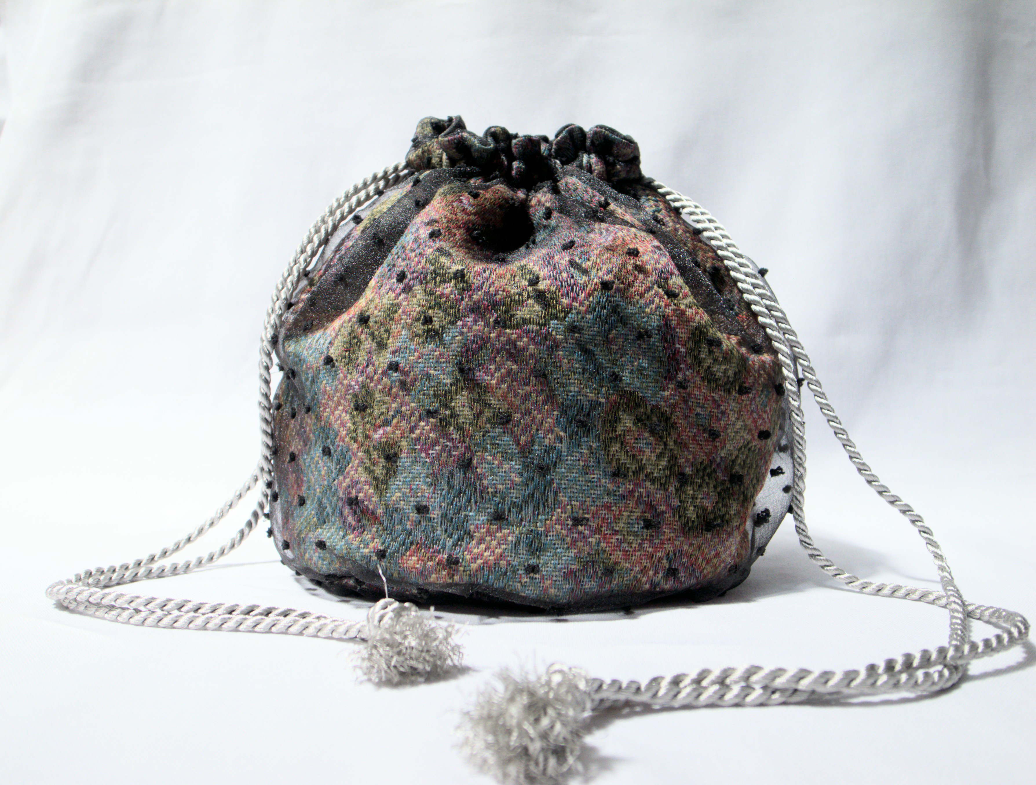 kinchaku bag【ブラック】- ドットオーガンジー × インポートジャガード生地 -