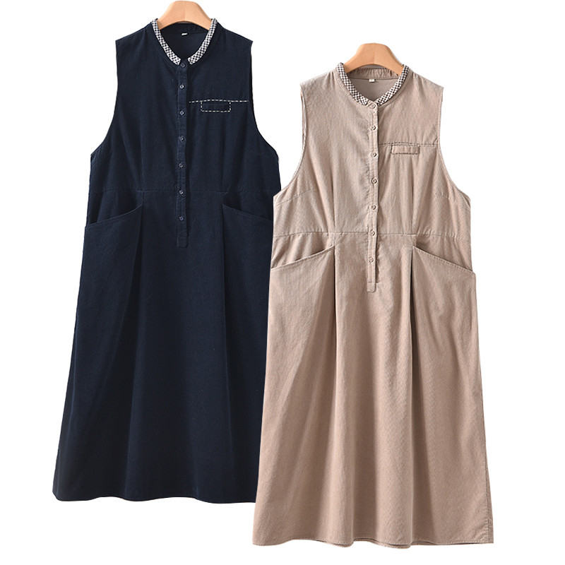 コーデュロイノースリーブワンピース　100％コットン　ライトキャメルとネイビー2色　M-2XL　L698