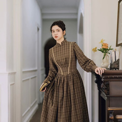 アンティーク調　スタントカラーレース付き　綿100%長袖ロングワンピース【秋冬春】ブラウンチェック柄 12枚目の画像