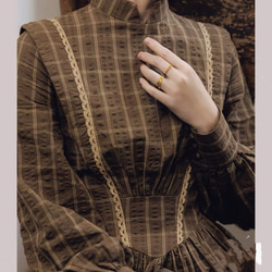 アンティーク調　スタントカラーレース付き　綿100%長袖ロングワンピース【秋冬春】ブラウンチェック柄 13枚目の画像