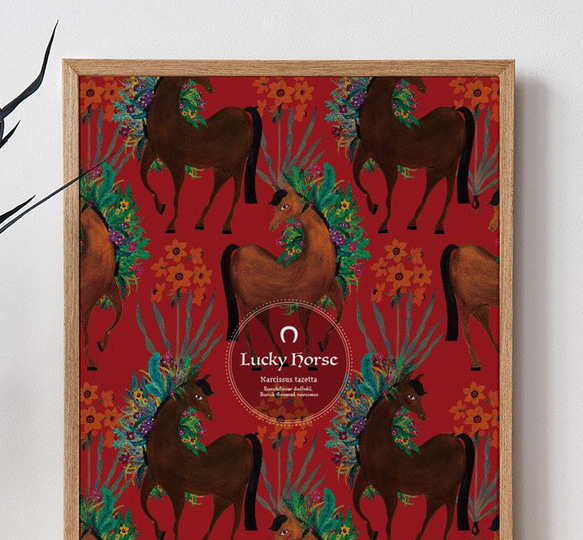 ラッキーホース/テキスタイル(午年/2026干支)馬》A4インテリアポスター