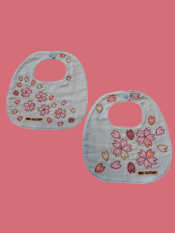 桜-SAKURA-のアップリケベビースタイ2枚セット｜9色から選べる｜ガーゼ×パイル｜ベビーギフトにおすすめ 2枚目の画像