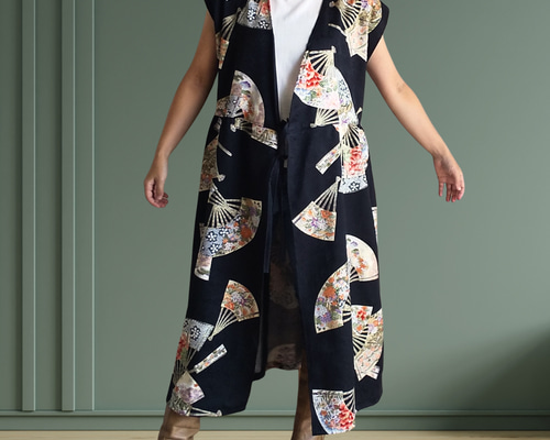 着物リメイク カシュクールワンピース ジレ 扇柄小紋 ワンピース knots