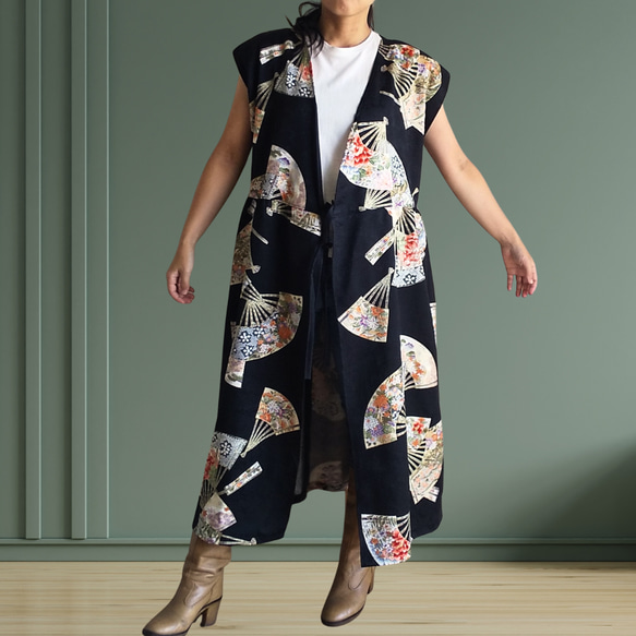 着物リメイク カシュクールワンピース ジレ 扇柄小紋 ワンピース