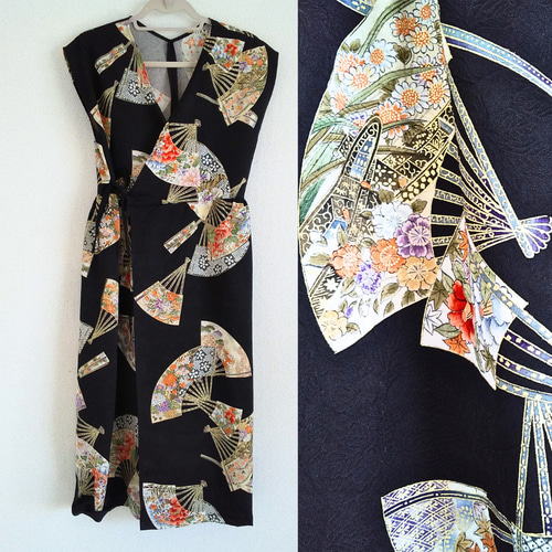 着物リメイク カシュクールワンピース ジレ 扇柄小紋 ワンピース knots