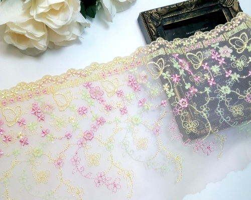 1m 蝶&花柄 刺繡 チュールレース はぎれ ハンドメイド 生地 手芸 素材
