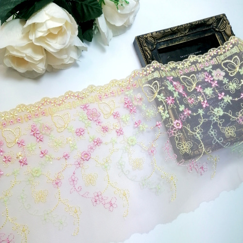 1m 蝶&花柄 刺繡 チュールレース はぎれ ハンドメイド 生地 手芸 素材