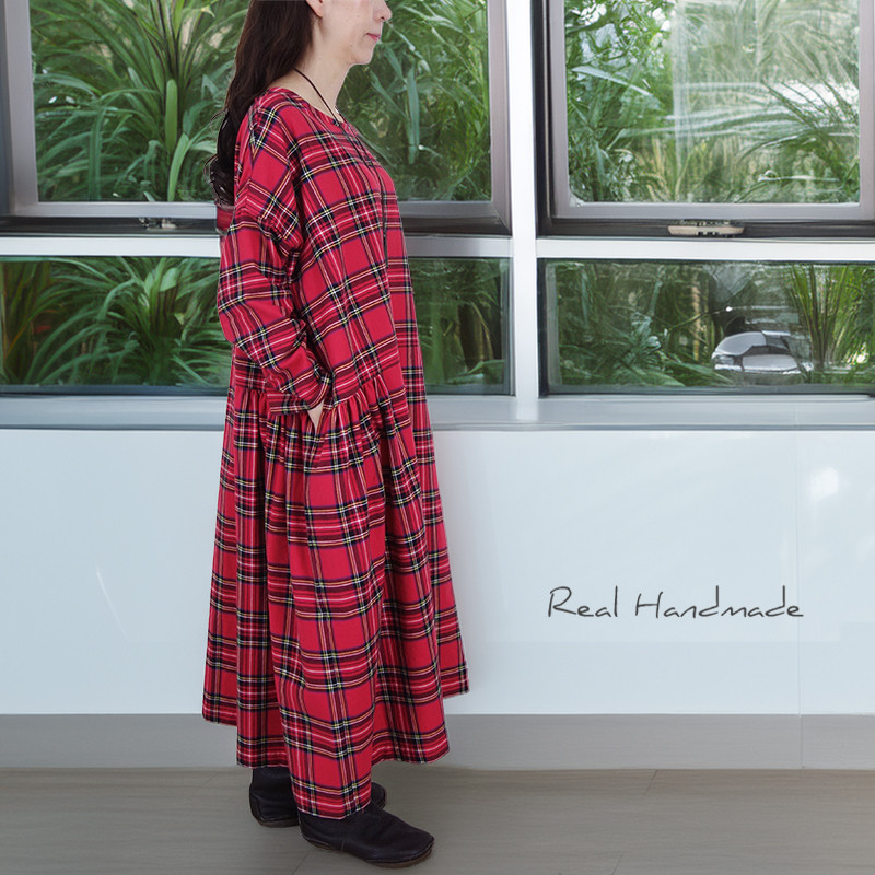 [予約販売] テッキングレッドタータン・サイドギャザーワンピース