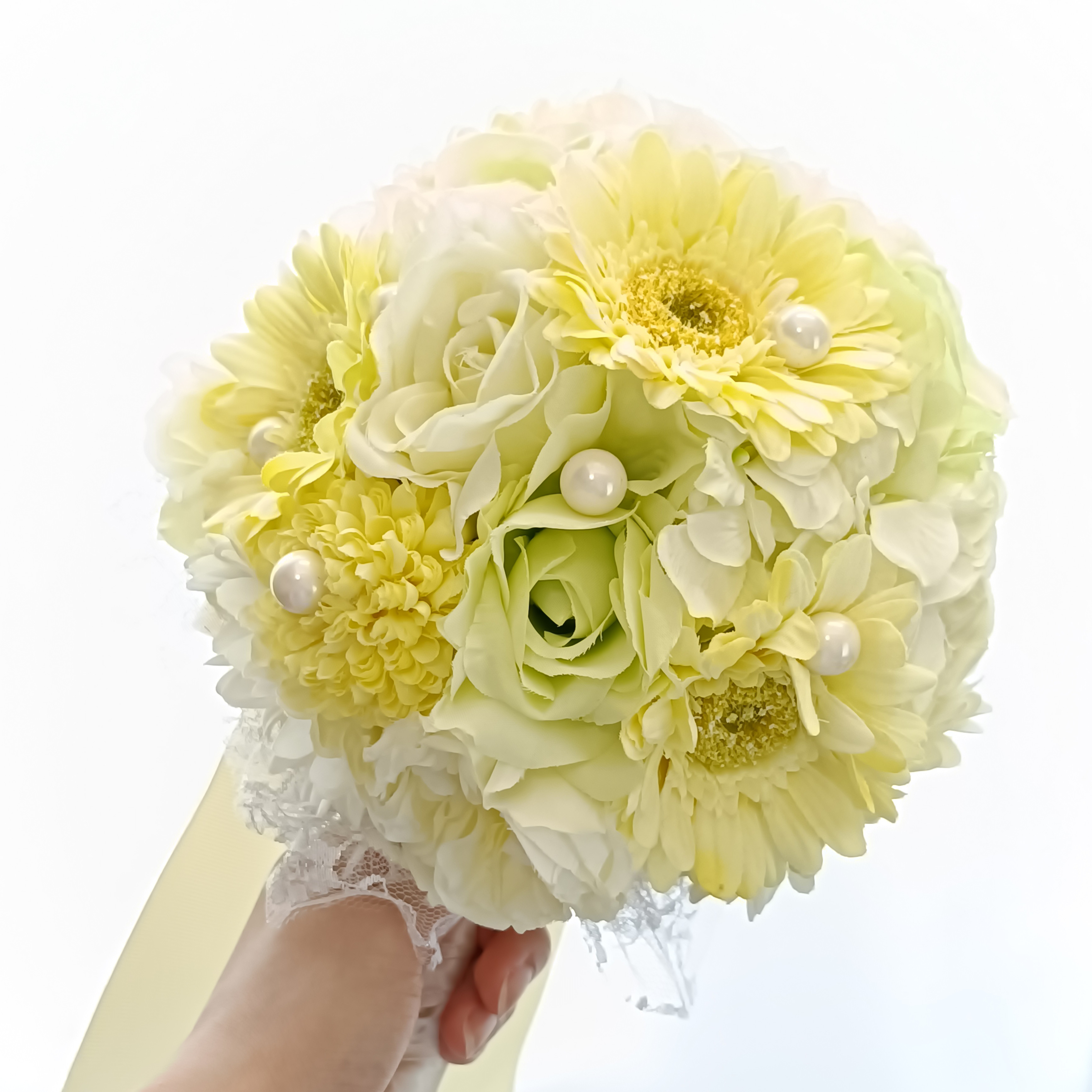 コロンと愛らしいパールブーケ＆ブートニアセット」 ～幸せ咲くホワイト＆イエロー～