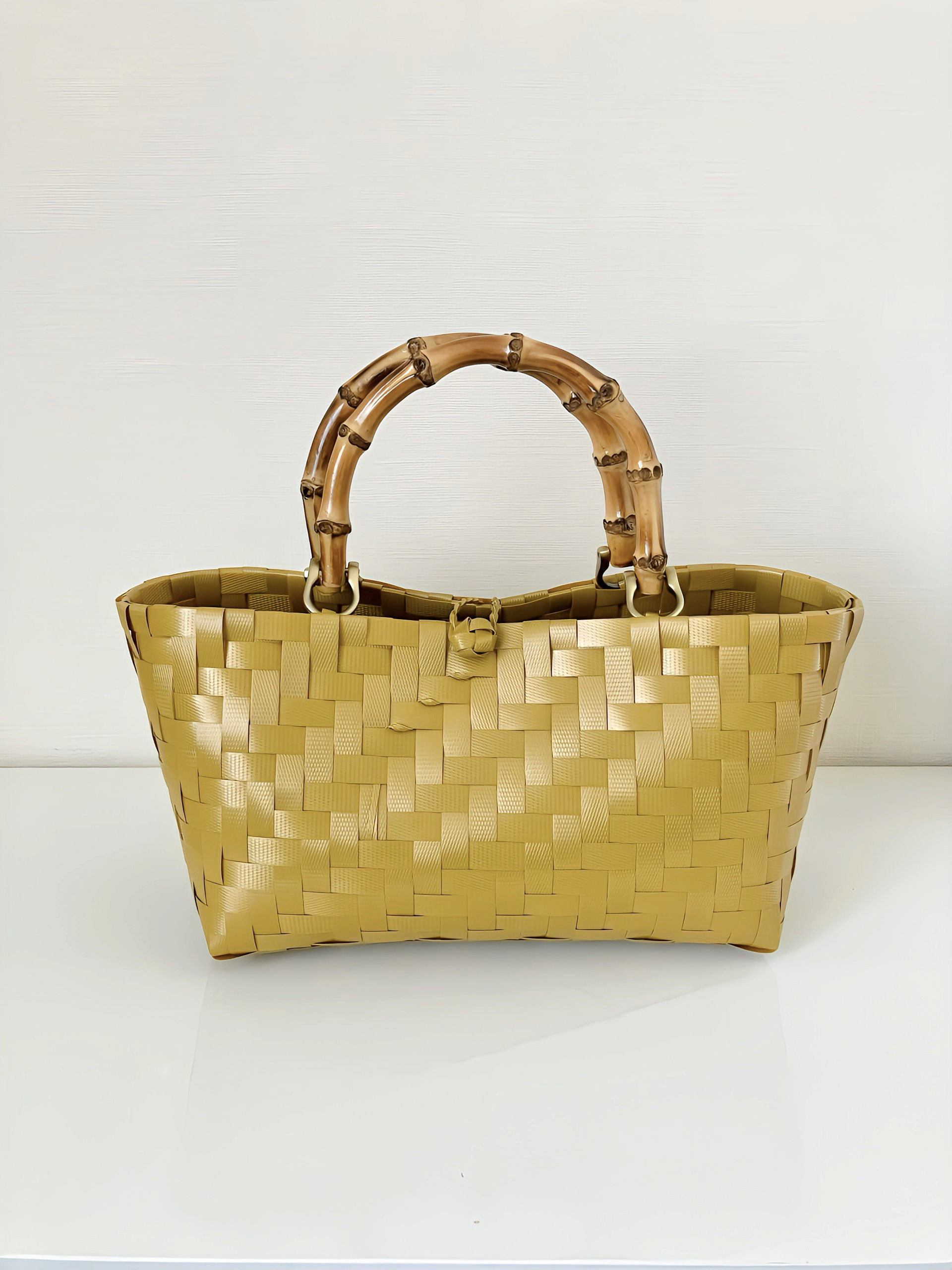 【新色】和色・からし色/バンブーハンドル(横長Sサイズ)　かごバッグ