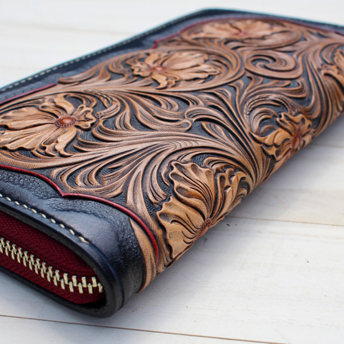 手彫り革財布 カービングラウンドファスナー 長財布 革芸 pierrot