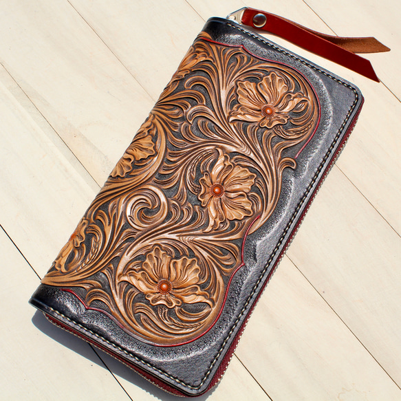 手彫り革財布 カービングラウンドファスナー 長財布 革芸 pierrot