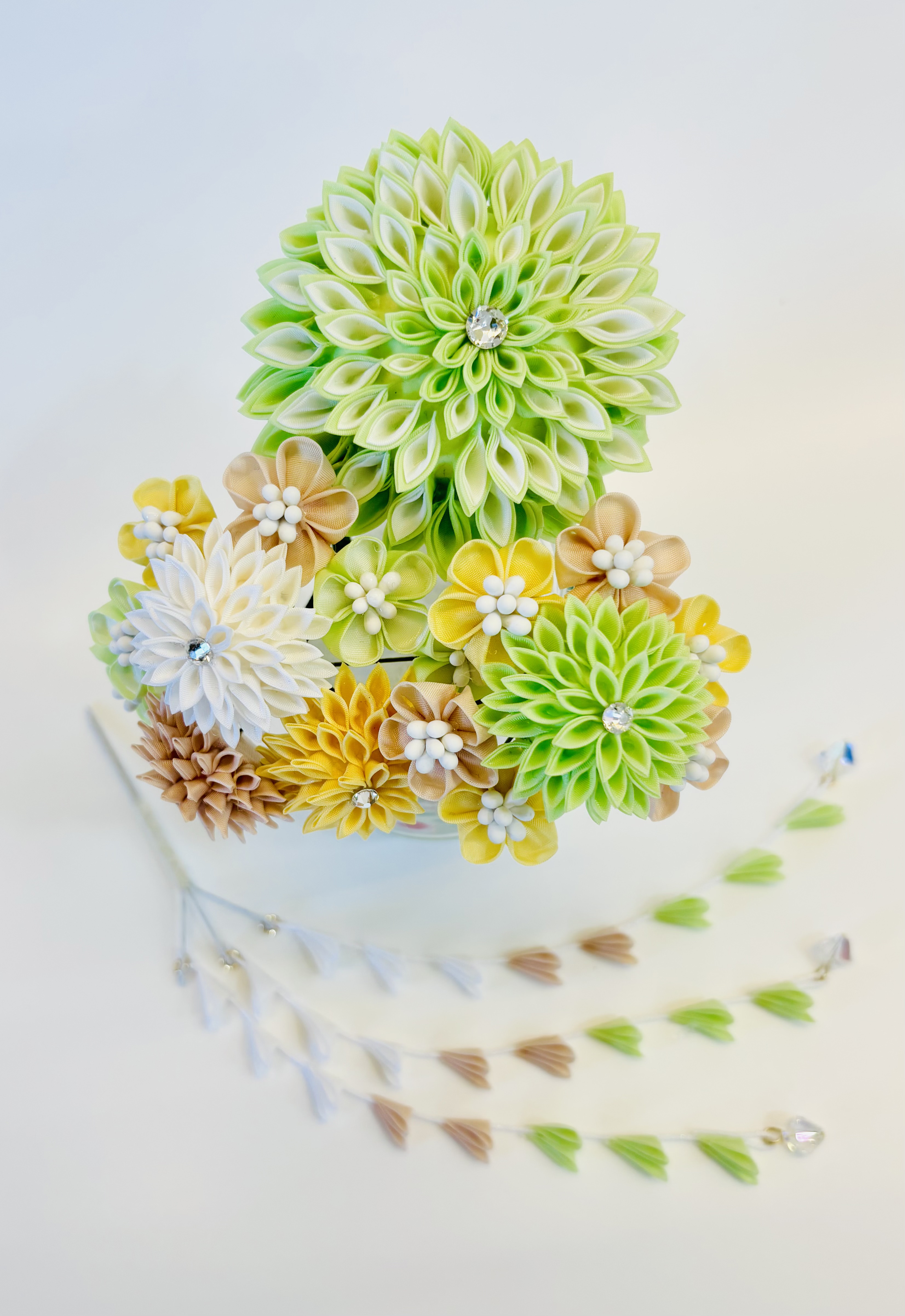 七五三、成人式、卒業式『黄緑系髪飾り4点セット』　つまみ細工髪飾り　結婚式のお呼ばれなどに。親子コーデにも