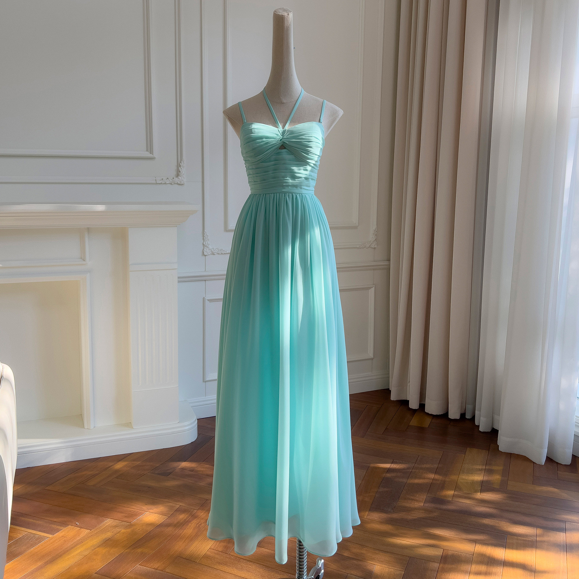 カラードレス ウェディングドレス ノースリーブ 青 韓国風 パーティー 前撮り お呼ばれ A9295