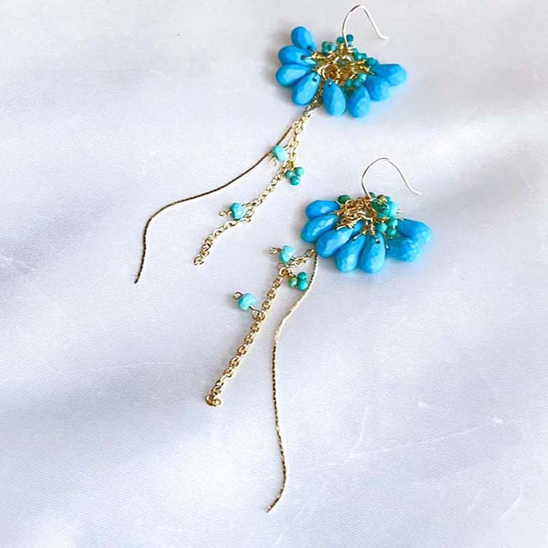 ターコイズ ブルー ピアス・イヤリング ゴールド シルバー フラワー ターコイズ 揺れる 大ぶり
