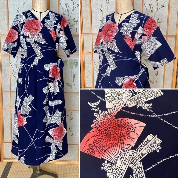 ☆浴衣リメイク☆ カシュクールワンピース (半袖／ネイビー／扇子