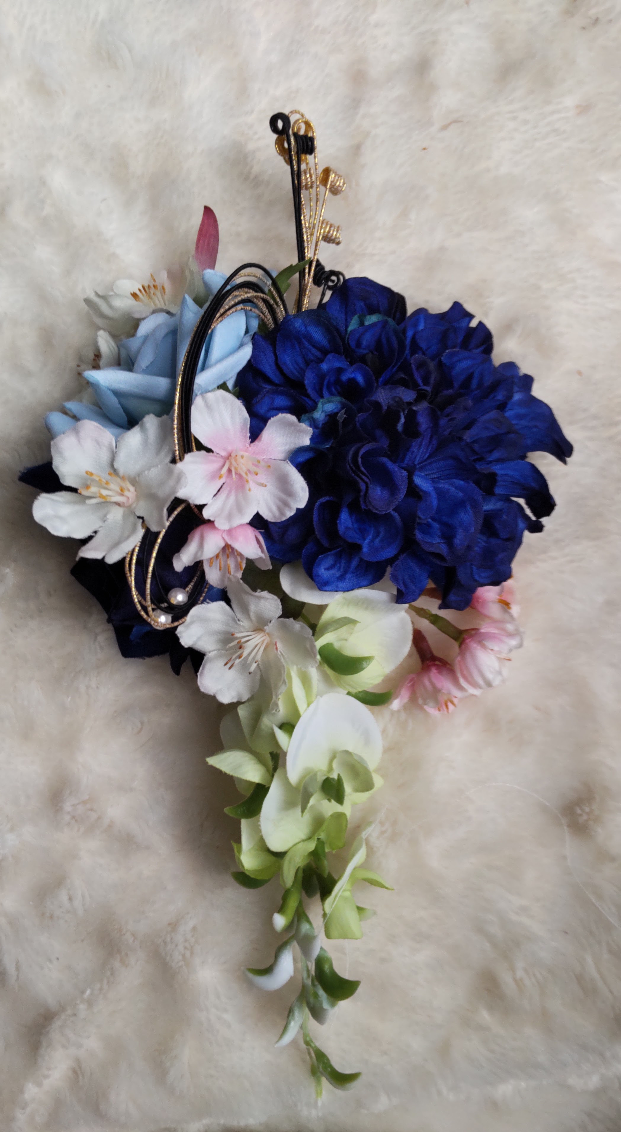 造花髪飾り　ブルーダリア　白藤