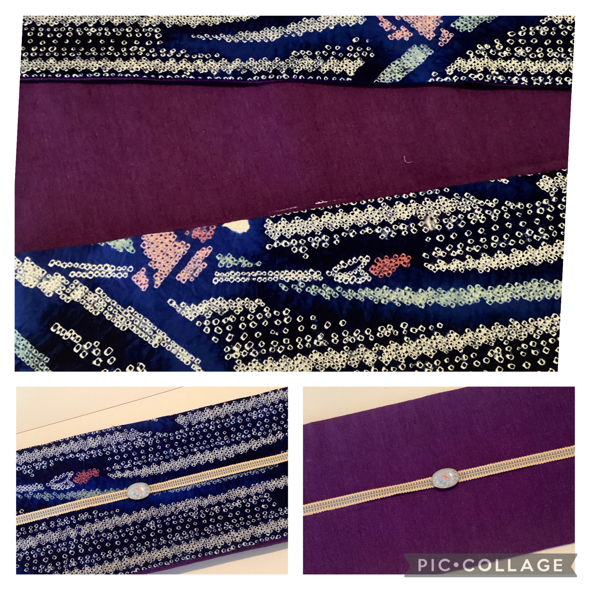 【新品】綿半幅帯　有松絞りと無地パープル　リバーシブル　本仕立て