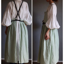 ふっくら厚さ2倍のとろみダブルガーゼとコットンリネンのリボンのギャザーたっぷりバイカラーエプロン／オパールグリーン 14枚目の画像