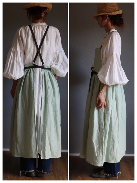 ふっくら厚さ2倍のとろみダブルガーゼとコットンリネンのリボンのギャザーたっぷりバイカラーエプロン／オパールグリーン 14枚目の画像
