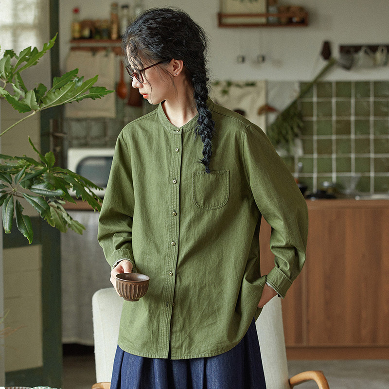 スタンドカラー長袖シャツ　100%コットンシンプル長袖シャツ　グリーンとブルー　2色　S-Mサイズ　S503