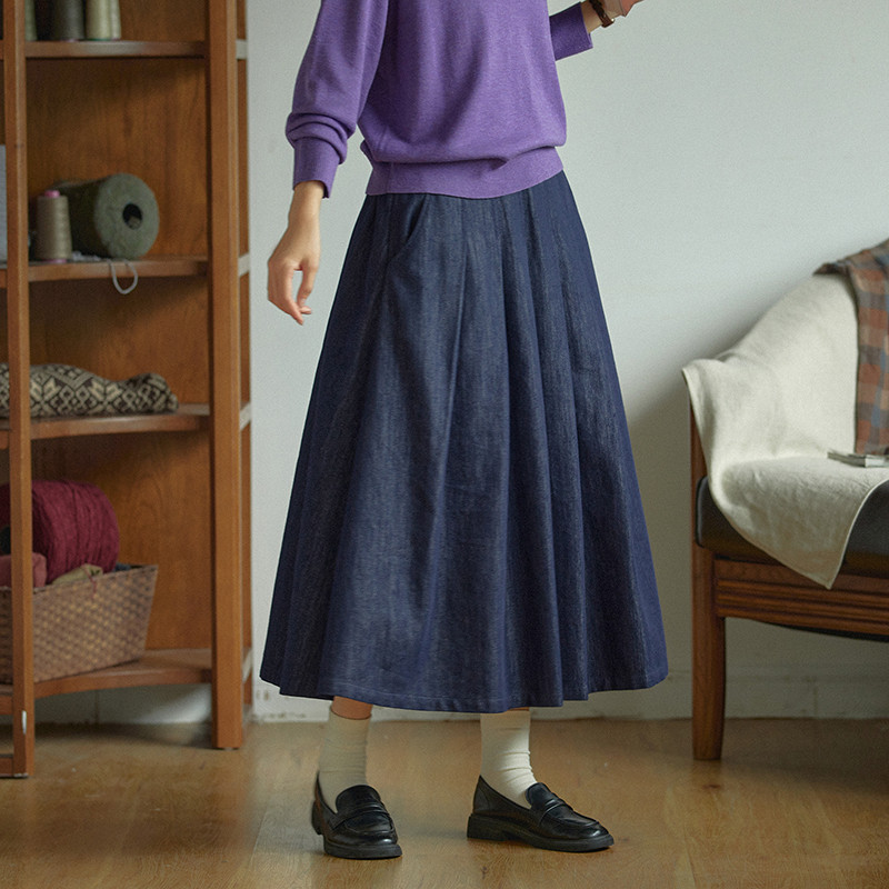 コットン＊テンセル混紡デニムスカート　ゴムウエストデニムスカート　ブルー　S-Mサイズ　S504