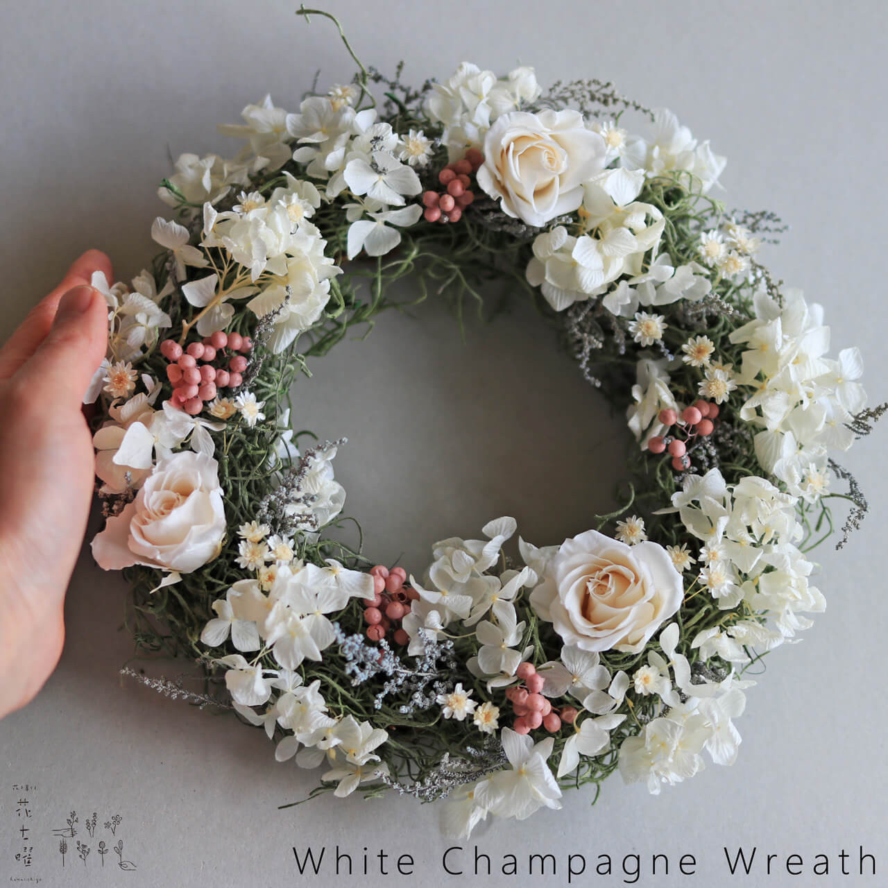 ホワイトシャンパンのリース ◆ プリザーブドフラワーリース ウェルカムリース 母の日 誕生日 プレゼント 新築祝い