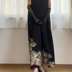 彩　着物リメイク♪ 黒留着物からロングワンピース❣️丈138cm 着物リメイク 黒留袖 ドレス ロング ワンピース 七分袖 作家物