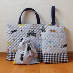 レッスンバッグ＆上履き入れ＊カラフルなのりもの＊グレー レッスン