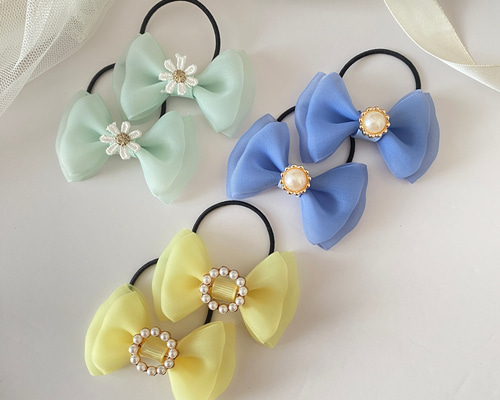 ツインヘアゴム】キッズ 子供 リボン ツインテール 髪飾り パステル