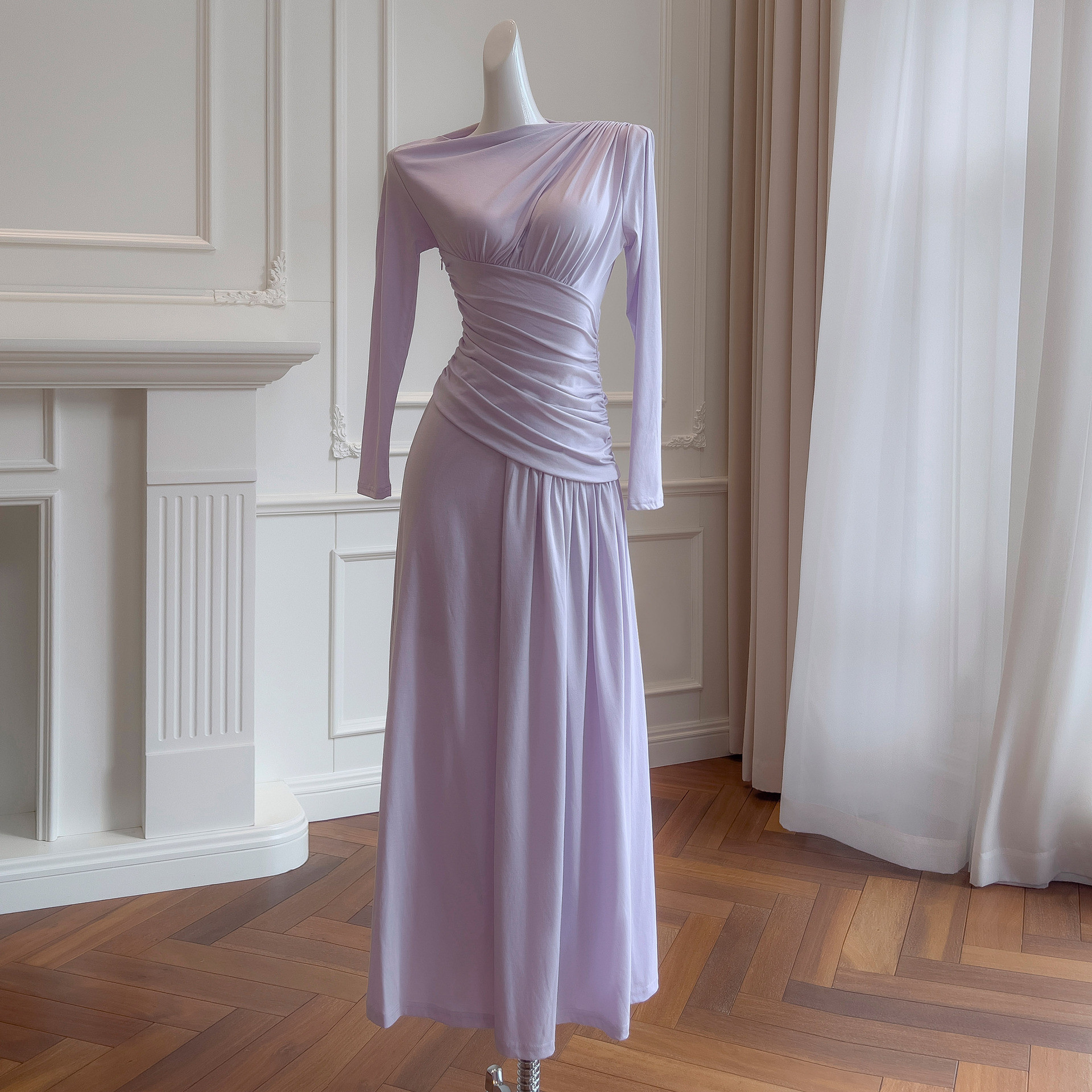 カラードレス ウェディングドレス パーティー 秋服 長袖 紫 無地 痩せる 上品 韓国風 お呼ばれ 69372