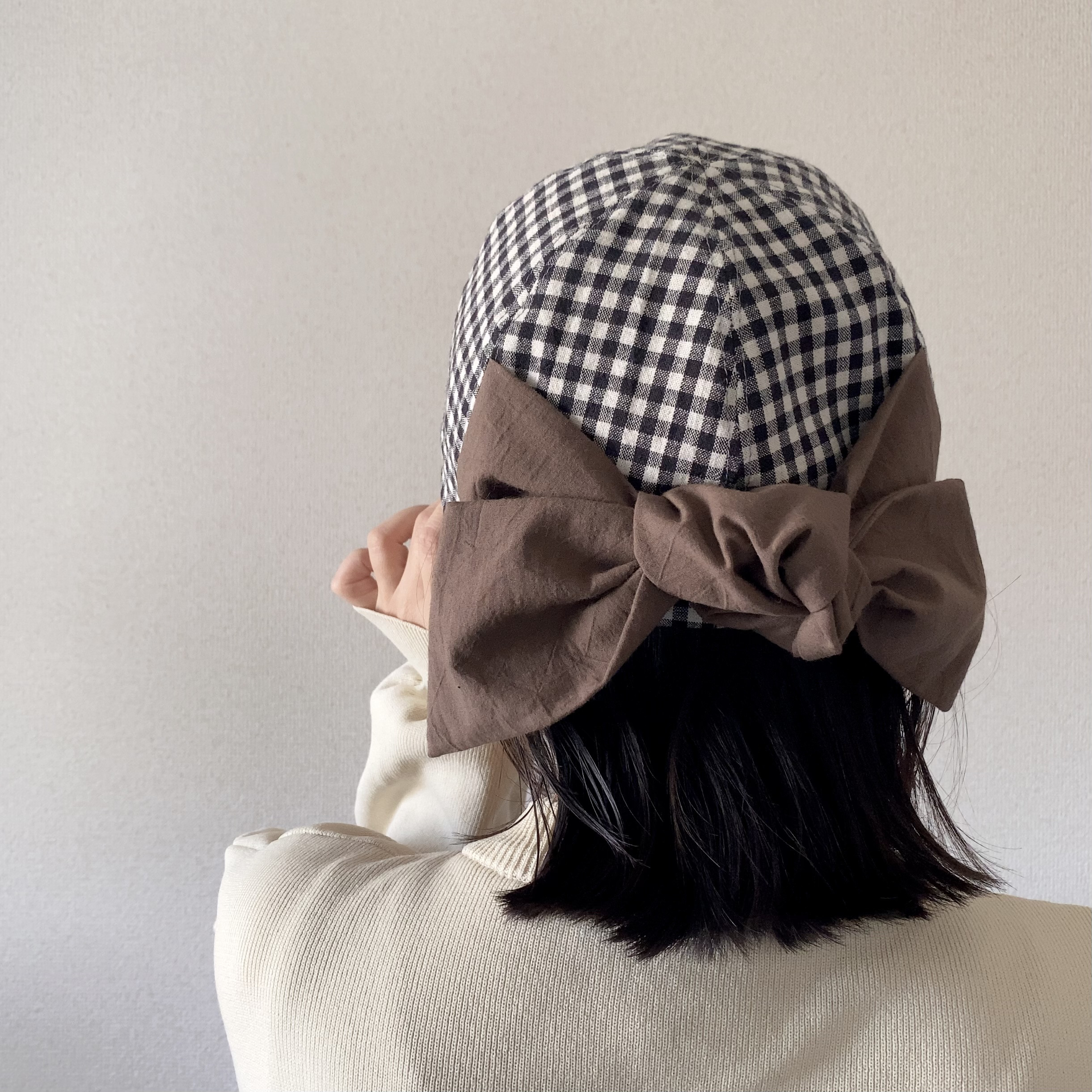 バックリボンのキャップ＊ギンガムチェック＊播州織コットンリネン＊レディース帽子【SS/S/M/LL受注制作】