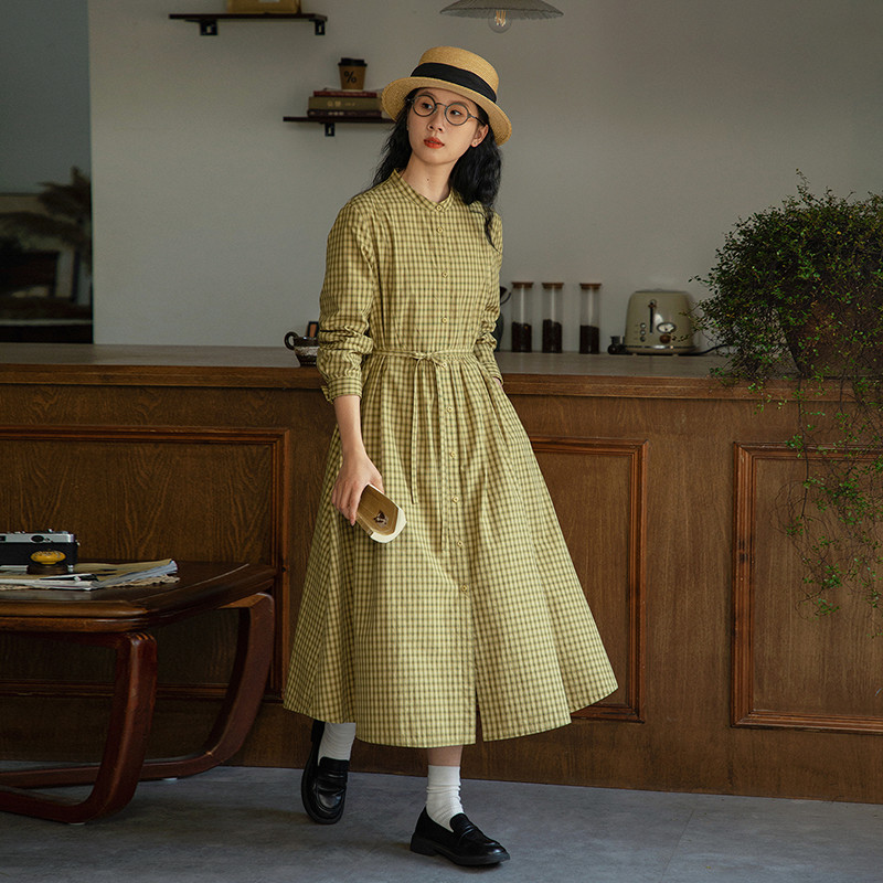 黄色い格子ワンピース　100％コットンシャツ式長袖ワンピース　スタンドカラー　S-Mサイズ　S508