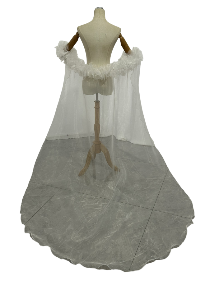 ポンチョ 花モチーフ 上質オーガンジー オフホワイト オーダーメイド可能 花嫁/ウェディングドレス