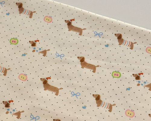 生地】100％コットン 犬好き必見！ダックスフンド柄xりんごxリボンx