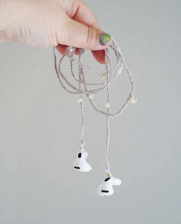 AirPodsストラップ ハンドメイド ニット編み ビーズ付き ネックレス風