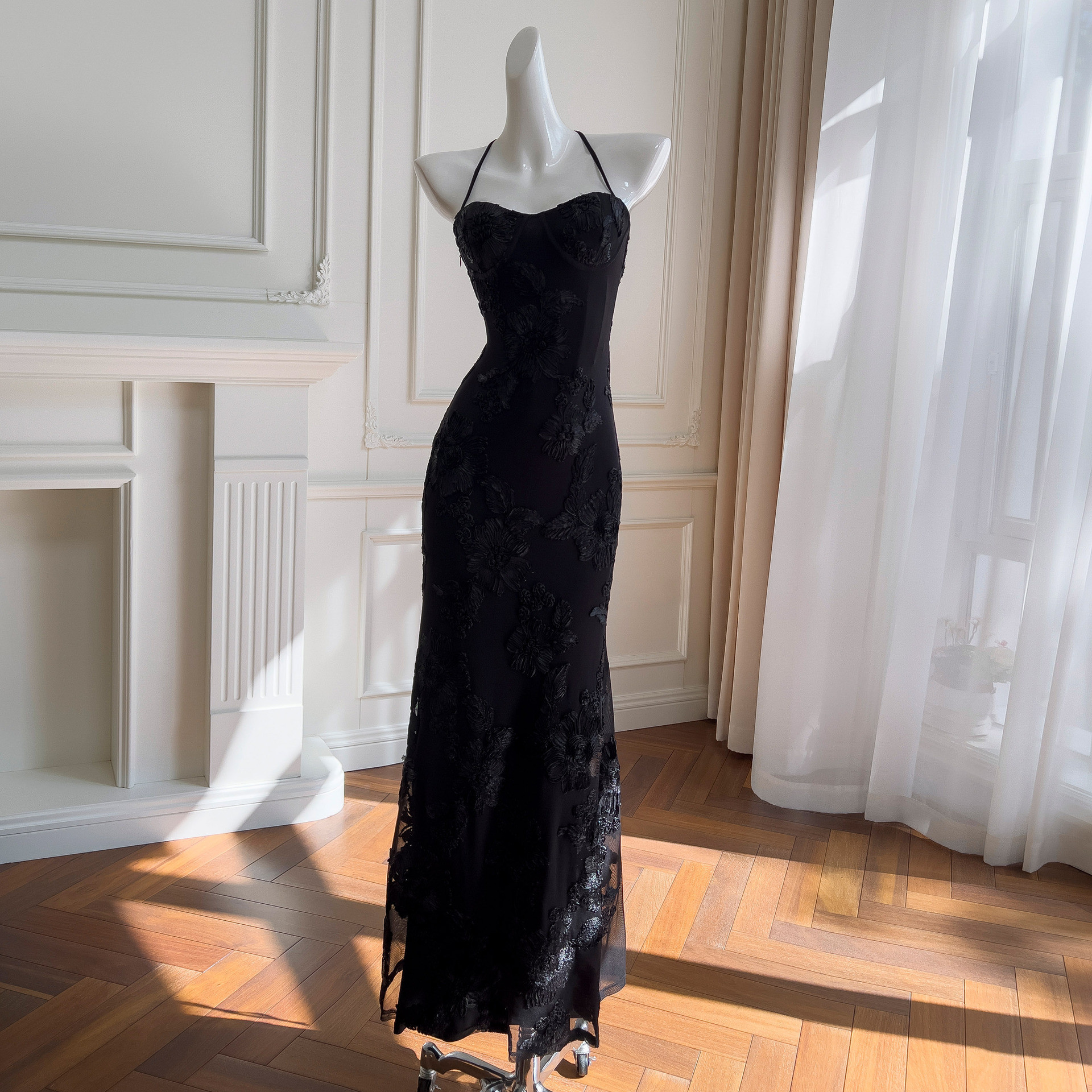 黒ドレス ウェディングドレス パーティー ロング スリム レース おしゃれ 上品 韓国風 お呼ばれ 69378