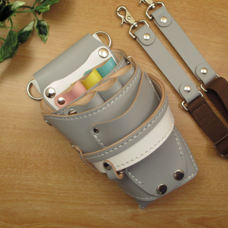 本革　ハンドメイド　６丁差し シザーケース (ライトグレー×カラフル)　SCA-100/CHB