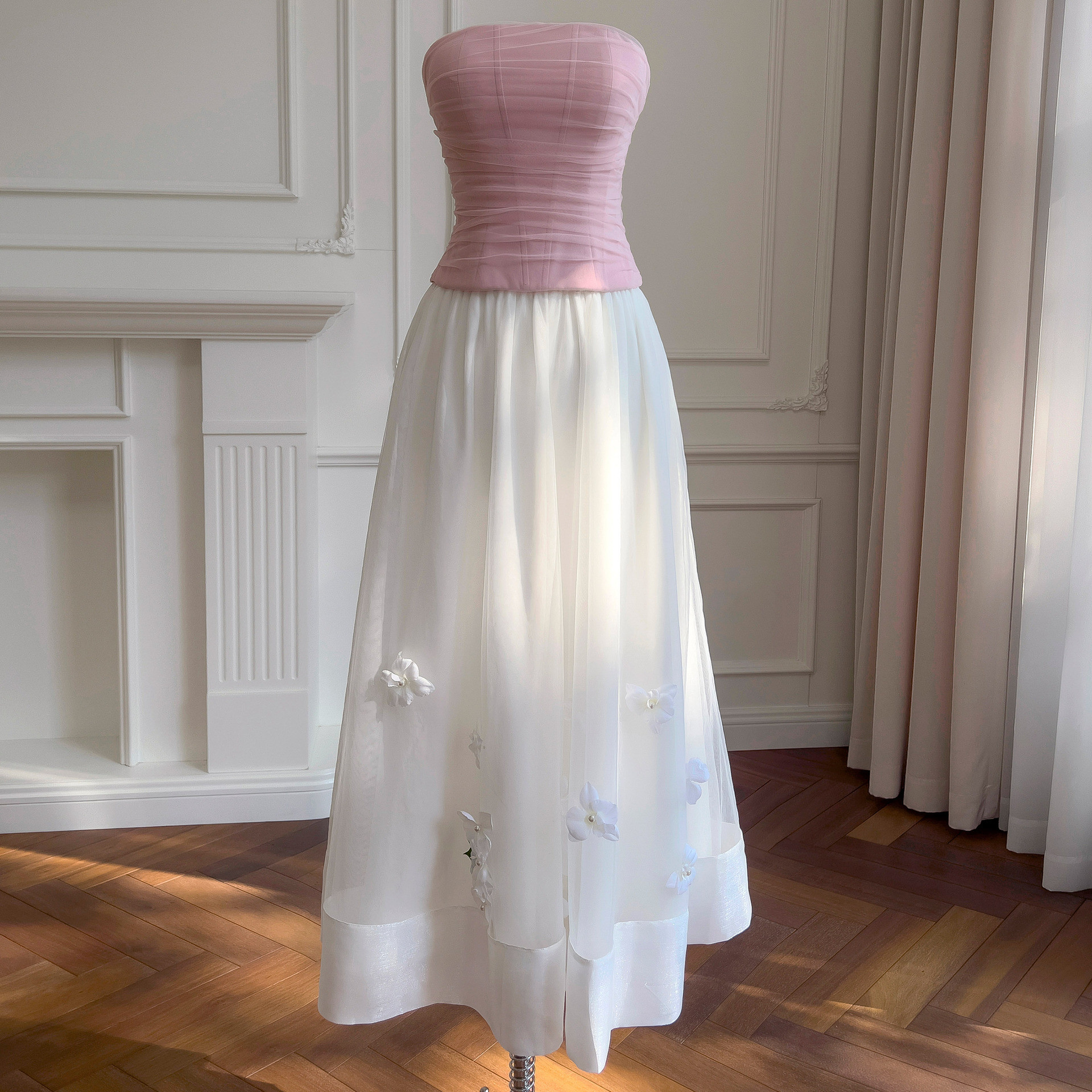 上下セット ウェディングドレス パーティー ピンク 白 花 2点セット おしゃれ 上品 韓国風 お呼ばれ 71468