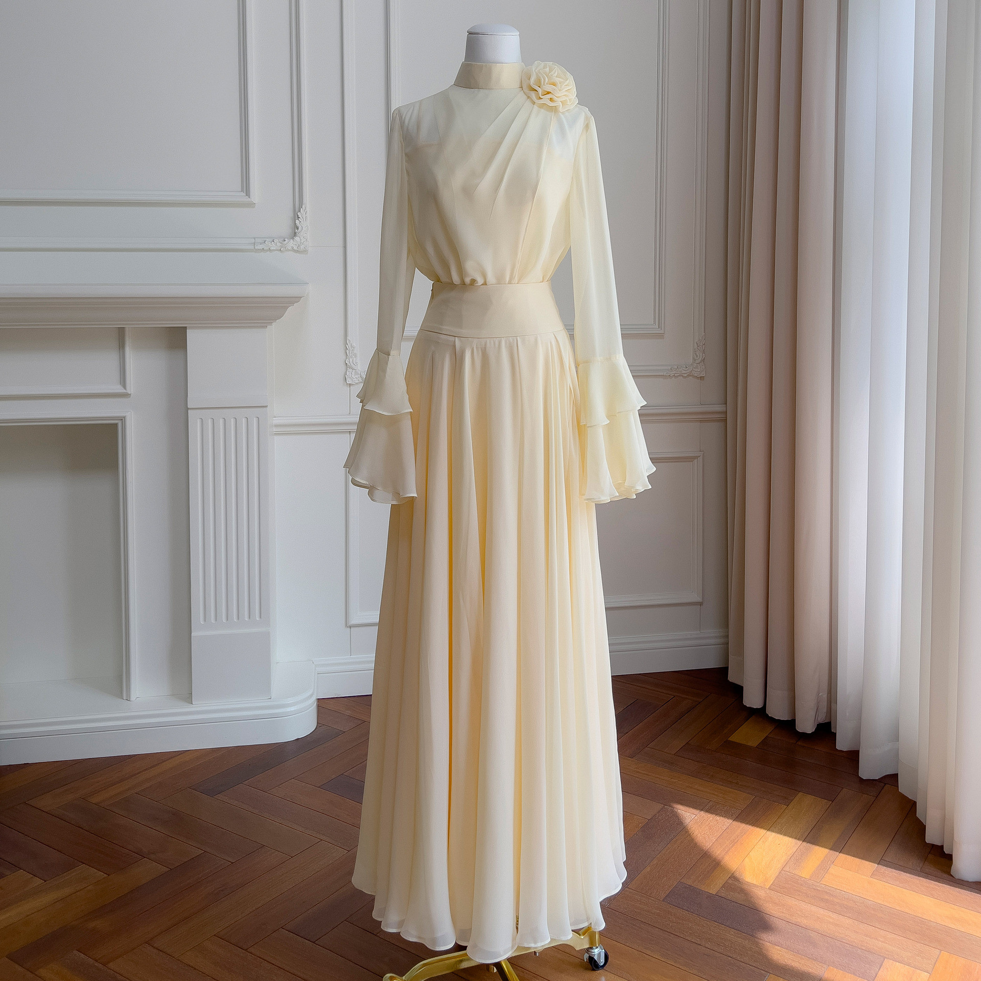 上下セット ウェディングドレス パーティー 秋服 黄色 花 2点セット おしゃれ 上品 韓国風 お呼ばれ 71444