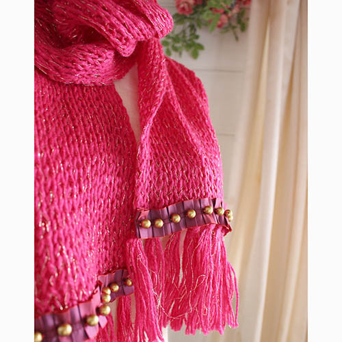 リボンにビーズ刺繍の手編みマフラー マフラー TOKONAMI 手編み-ニット