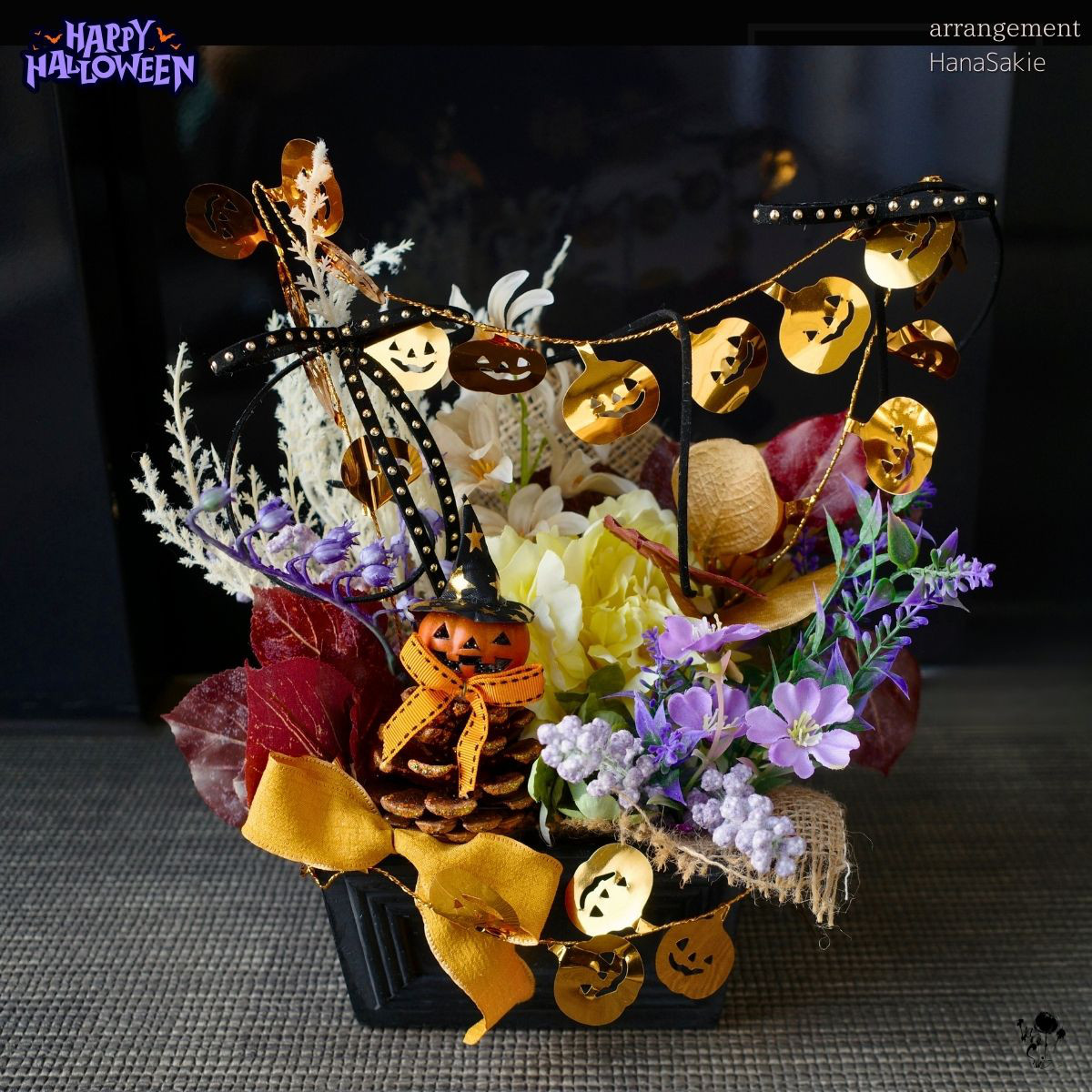 ハロウィン 送料無料 造花アレンジメント かぼちゃおばけ 紅葉 かぼちゃ 雑貨 インテリア 造花 ギフト CT触媒 秋