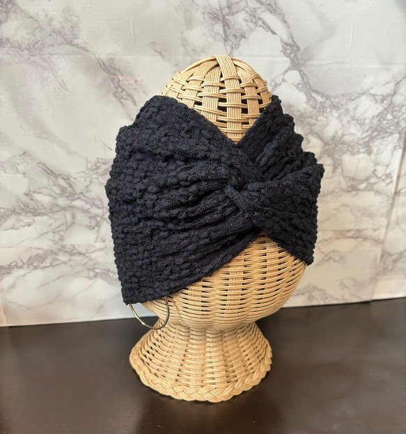 高級 ボリューム 花柄ジャガードレースニット 超幅広 ターバン ヘアバンド 1枚目の画像