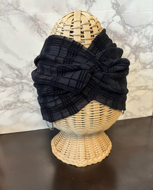 高級 チュール＆ベルベット シースルーニット超幅広 ターバン ヘアバンド 1枚目の画像