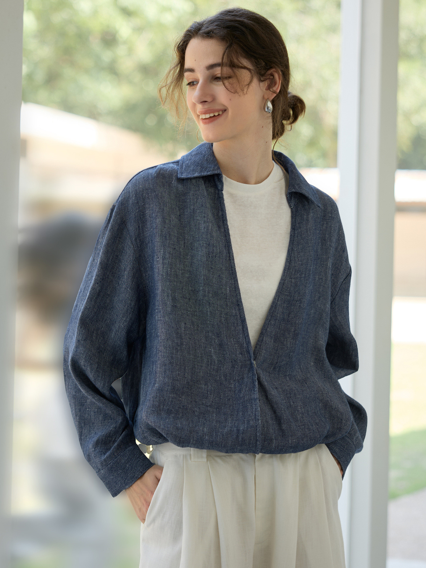 リネン 2ウェイ シャツ 重ね着風 ホワイトタンク付き 秋冬の新作 ヴィンテージカラー 上品なネイビー