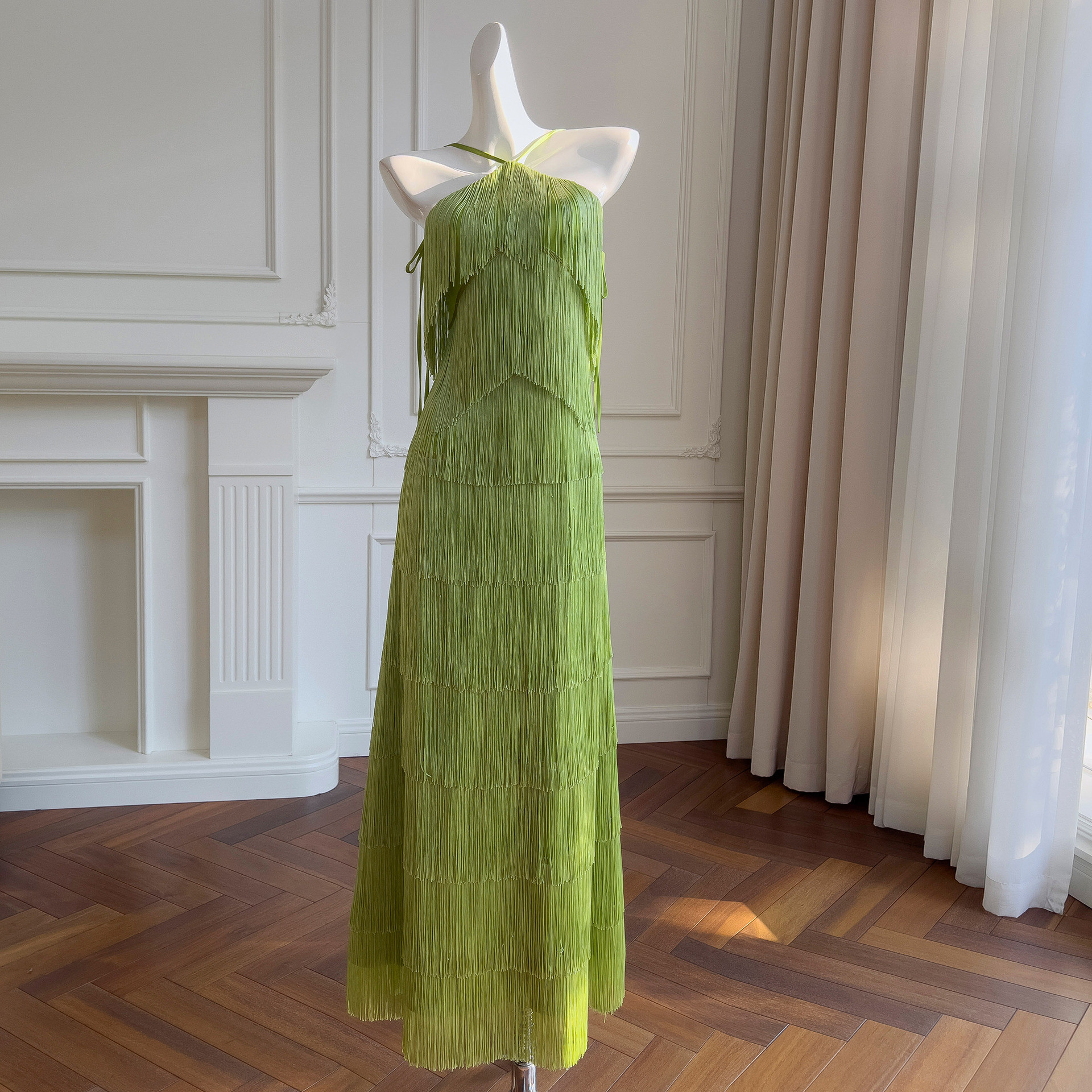 フリンジドレス ウェディングドレス パーティー 緑 スリム ノースリーブ 綺麗 上品 韓国風 お呼ばれ 69297