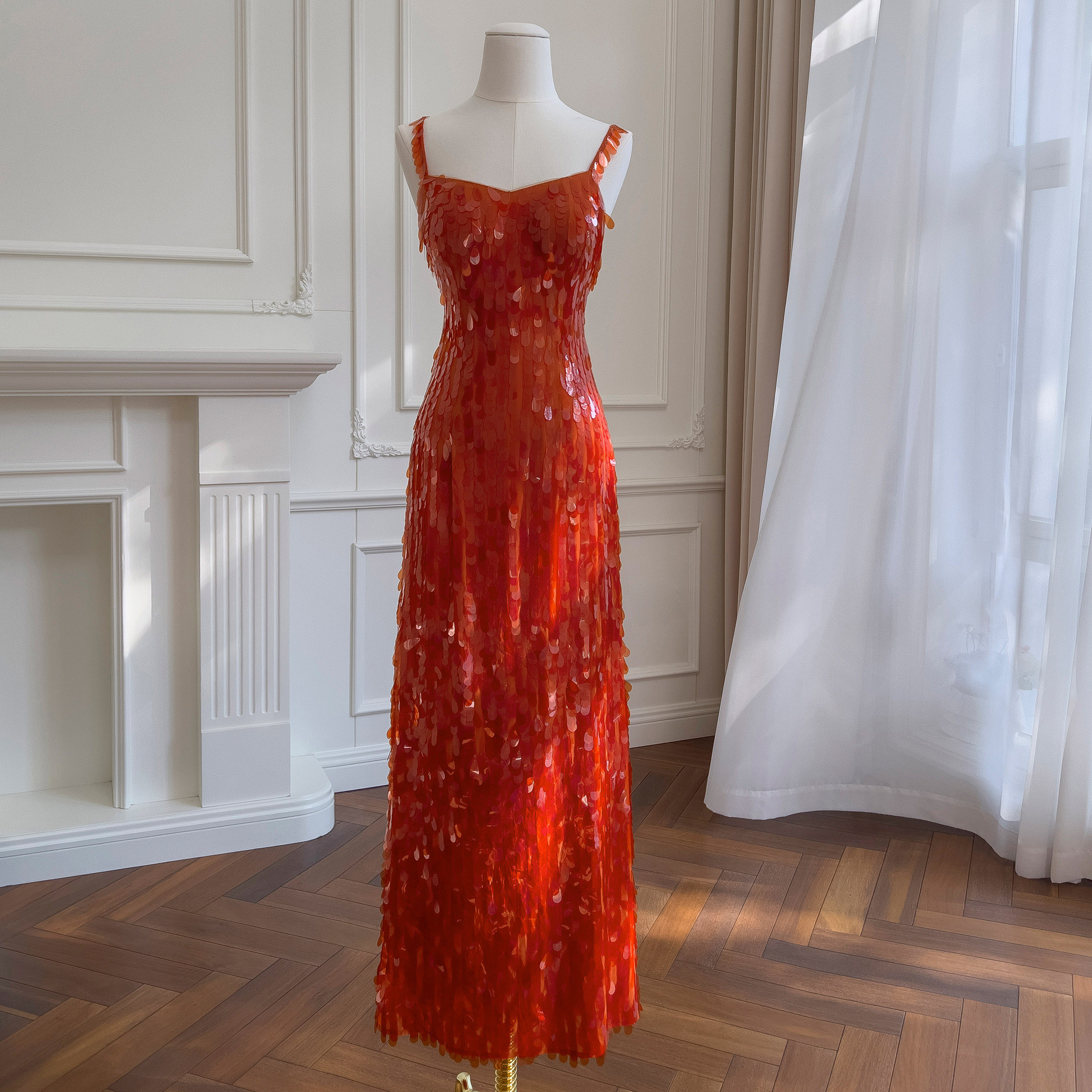 スパンコールドレス ウェディングドレス パーティー オレンジ ノースリーブ 綺麗 上品 韓国風 お呼ばれ 69396